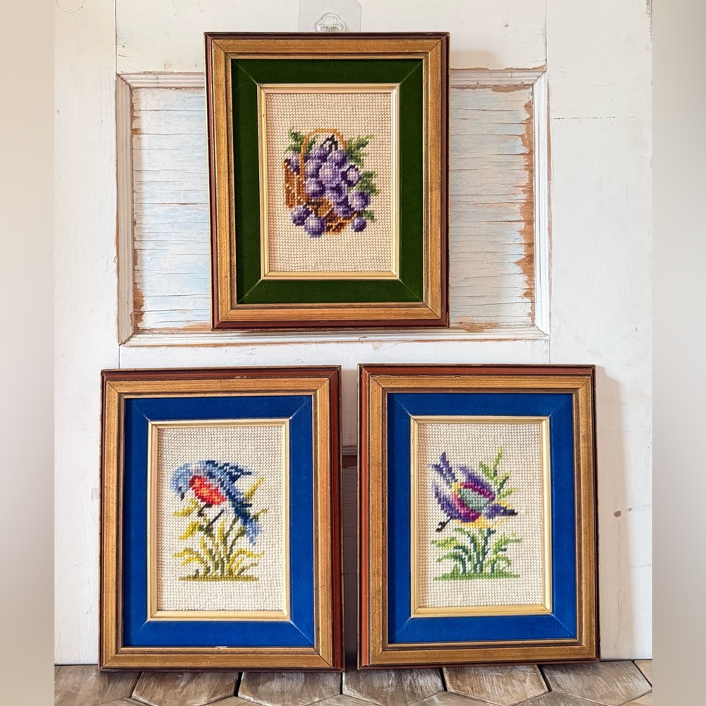 Vintage Bird & Grapes Needlepoint Framed Artwork, Set of 3, Wood Frames - Picture 6 of 7